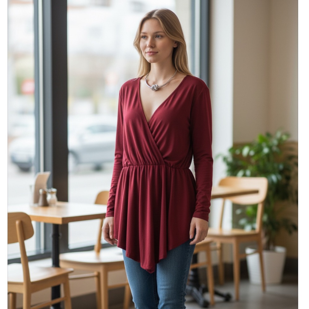 SHEIN CURVE LONG SLEEVES FAUX WRAP BLOUSE WOMEN’S SIZE 4XL NWOT. BURGUNDY.